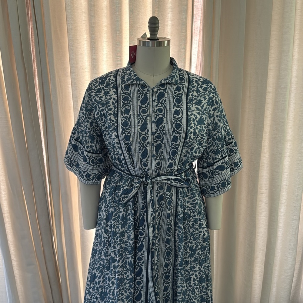 Blue and White Bell Sleeve Maxi Dress